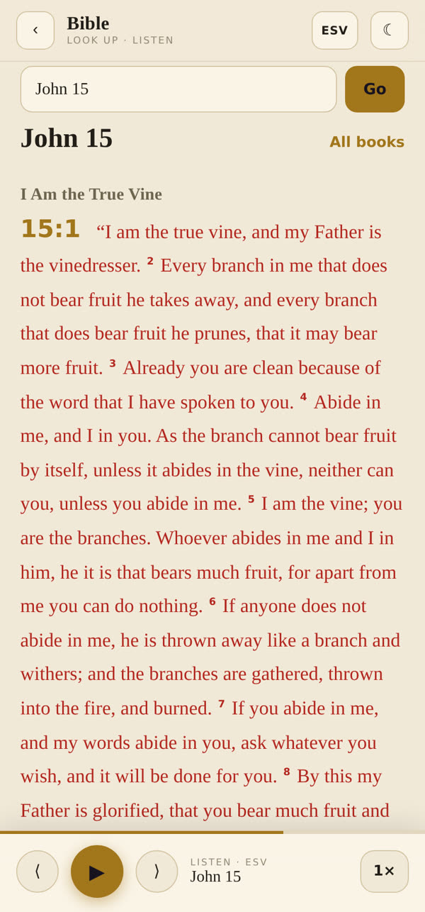 John 15 with the words of Jesus in red and the listen player